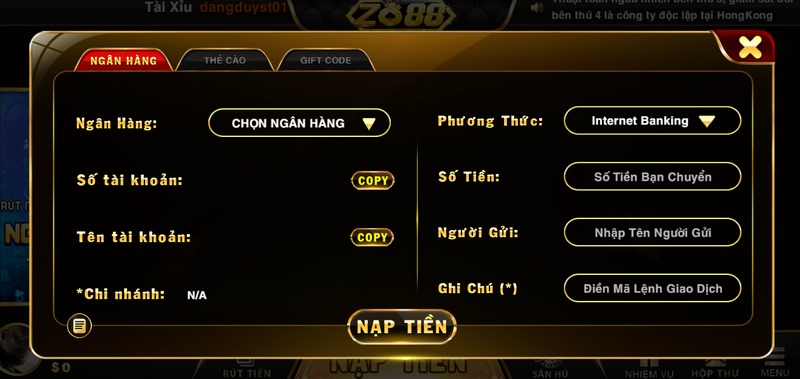 Hướng dẫn nạp tiền vào Zo88